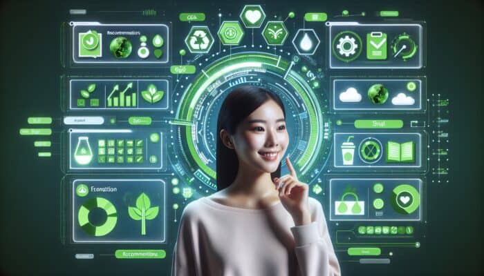 Futuristic AI chatbot interface with personalised eco-friendly product recommendations, user smiling, green icons, data analytics.