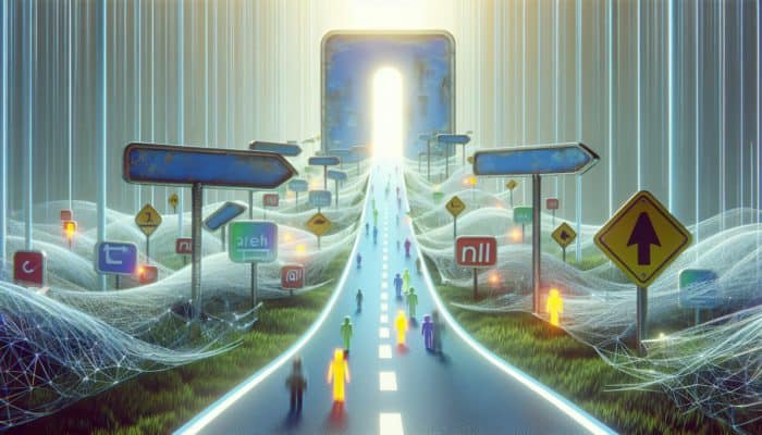 Use 301 Redirects for Link Equity: A digital path from an old, faded URL to a new, vibrant URL, symbolising a seamless 301 redirect, with search engine bots and users following.