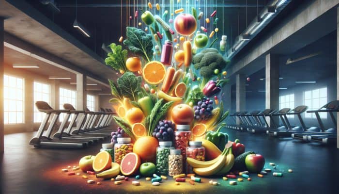 A colourful display of fruits, vegetables, and supplements in a gym, emphasising key nutrients for fitness beginners.