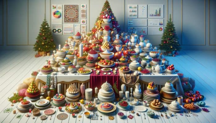 A festive table showcasing creatively arranged dishes in various heights, colours, and shapes.