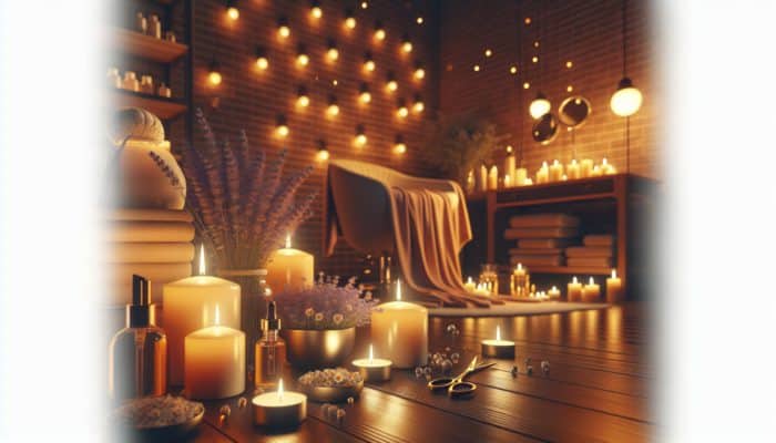 A serene home hair spa with dim lighting, scented candles, and soothing music.