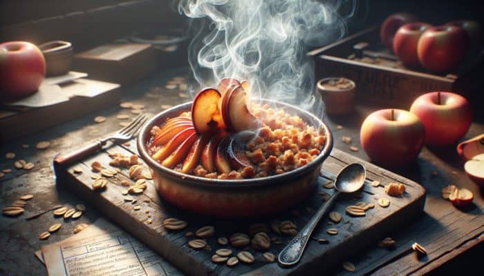 Smoked apple crisp featuring caramelised apples and a crunchy oat topping presented in a rustic dish.