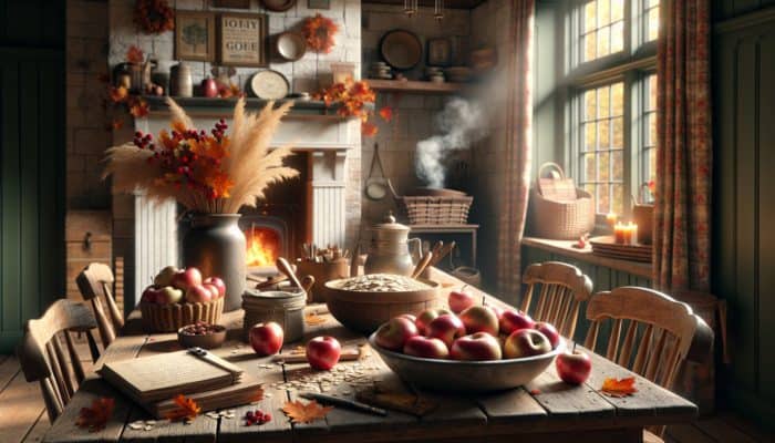 Apples, oats, and smoking wood chips laid out on a wooden table, accompanied by fall leaves and a fireplace in the background.