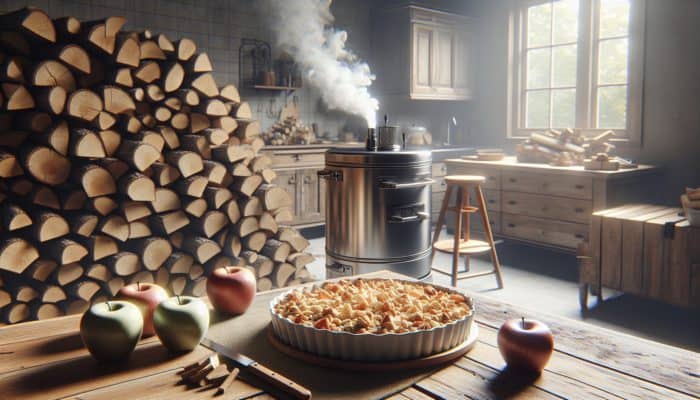 Hickory and applewood logs positioned near a smoker, enhancing the flavour of apple crisp with oat topping.