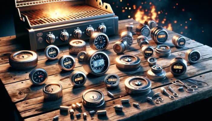 Grill timers on a wooden table: mechanical with dials, digital with countdown and magnetic backs, near a lit barbecue grill.