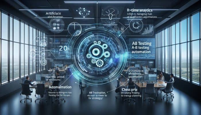 AI-driven marketing hub with real-time analytics, optimising ads and automating tests in a contemporary office environment.