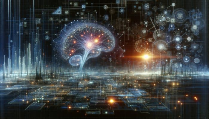 Utilise AI to Enhance Meta Descriptions: A futuristic digital landscape with AI and SEO merging, showing neural networks and search algorithms enhancing visibility through data analytics and predictive trends.
