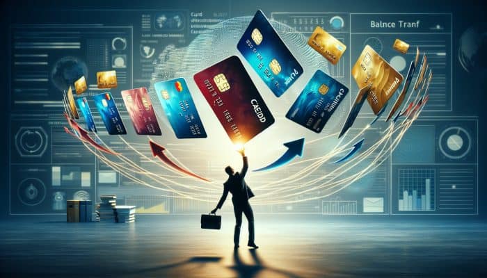 A person juggling credit cards, transferring balances to a new card with lower interest in an office setting.