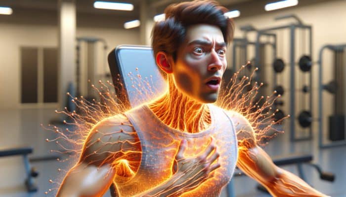 Side Effects of Beta-Alanine Tingling: Individual lifting weights in gym, experiencing a tingling sensation on the face, neck, and arms, displaying a surprised yet focused expression.