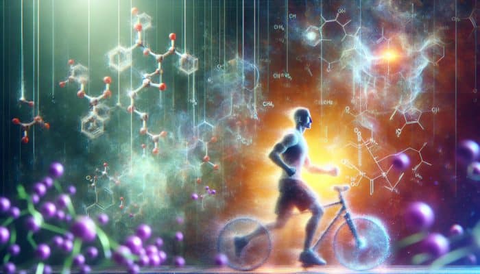 Individual exercising in gym with beta-alanine molecules and a tingling glow on skin.
