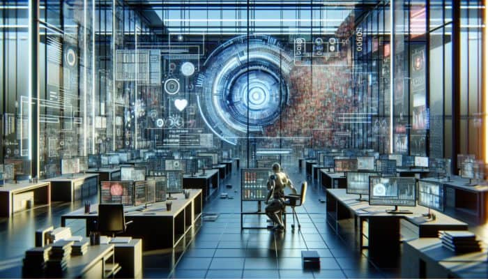 AI in futuristic lab analysing SERP data, displaying biases in graphs and struggling with human emotions and cultural contexts.