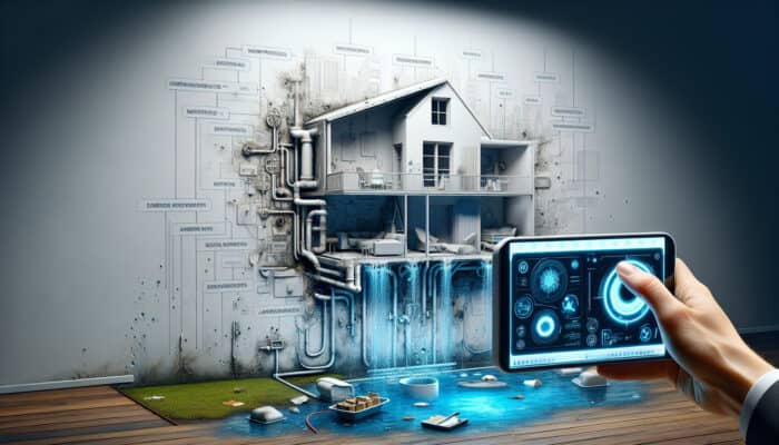 Water Leak Detection Services in Whistler: A device scanning a home's plumbing, revealing hidden leaks, wet spots, mold, and pooling water.