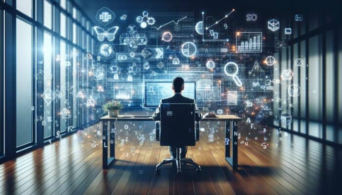 Person analysing SEO data on computer, surrounded by keywords and graphs in a modern office.