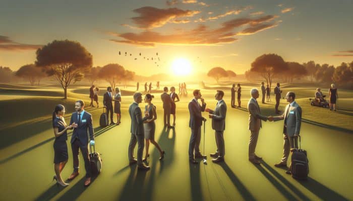 A tranquil golf course at sunset where business professionals network and exchange business cards.