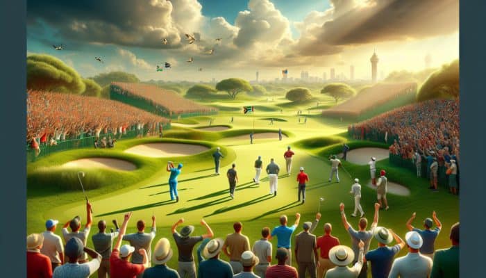 International golf tournament in South Africa showcasing players on a lush course with enthusiastic crowds.