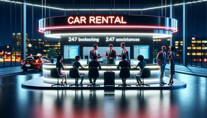 Contemporary car rental office at night with illuminated signs, experts discussing online bookings, 24/7 assistance desk glowing.