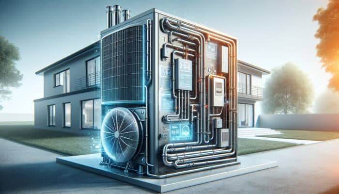 Sleek heat pump unit outside a stylish home, efficiently transferring heat from ground with visible pipes and energy efficiency display.