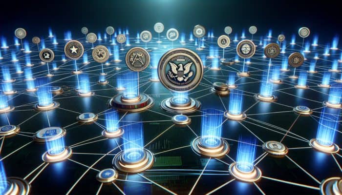 Authority Mentions: A digital landscape with glowing nodes and authoritative seals, symbolising trust and SEO enhancement.