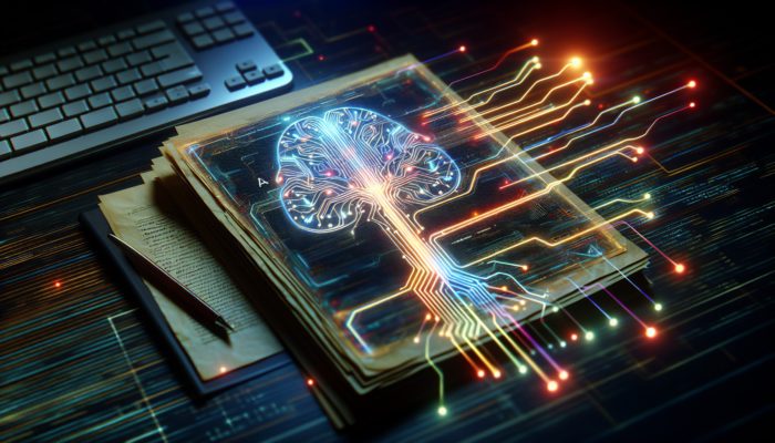 A futuristic AI system with glowing circuits organising digital text documents on a high-tech interface.