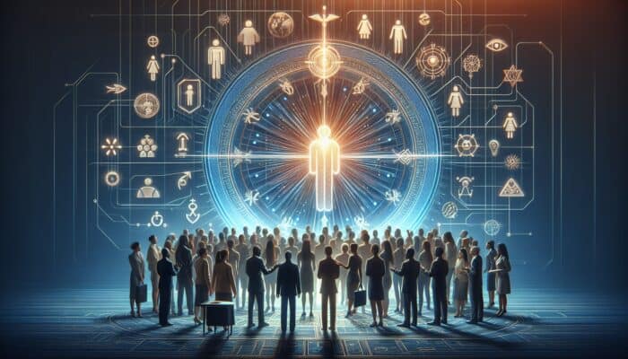 A diverse group interacting with a glowing brand logo, surrounded by symbols of consistency, empathy, and storytelling.