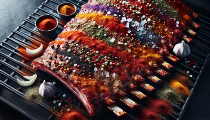 Best Rubs for BBQ Competition Ribs: Rib rack coated in vibrant rub, caramelizing on smoky grill, enhancing meat's flavours.