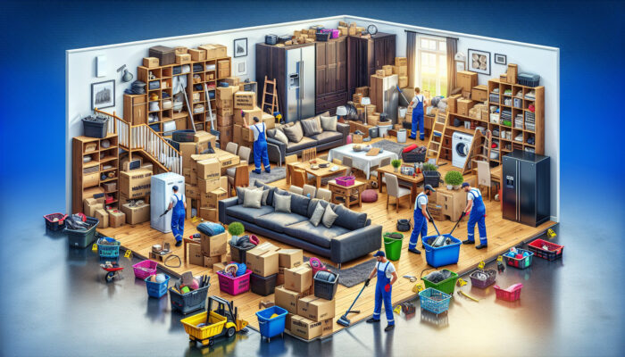 UK home clearance showing impact of property size and item volume on costs, with professionals removing bulky furniture and appliances.