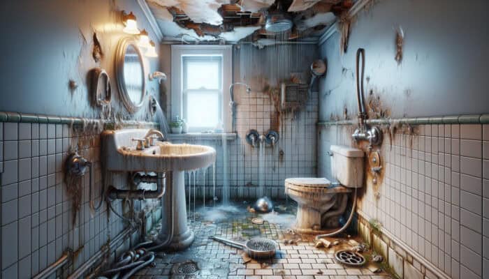 A bathroom with various shower issues like leaks, cracks, and mould, needing professional repair.