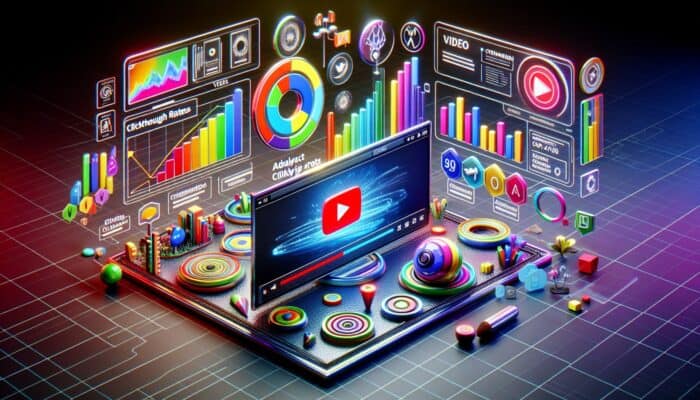 A vibrant digital dashboard with graphs and charts analyzing click-through rates, featuring a video ad and user engagement icons.