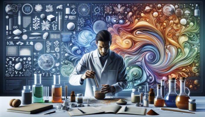 A scientist blends natural ingredients, analysing their compatibility through swirling patterns, creating a harmonious product.