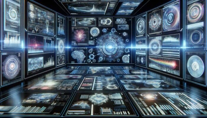 Futuristic AI interface analysing video streams with advanced algorithms on a high-tech screen with holograms.