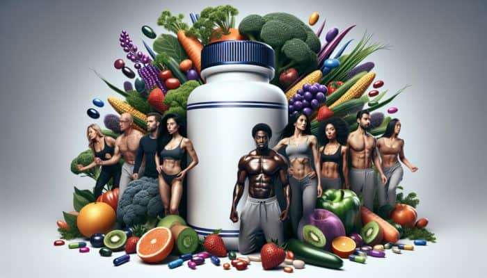 A personalised multivitamin bottle with diverse, vibrant people and healthy fruits and vegetables.