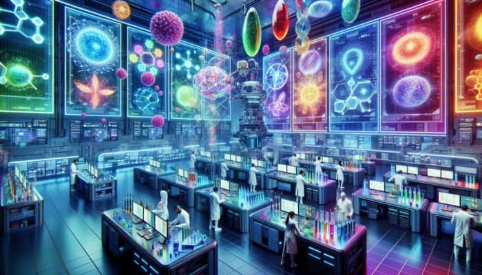 A futuristic lab where scientists customise advanced multivitamins with high-tech equipment and colourful nutrient visualizations.
