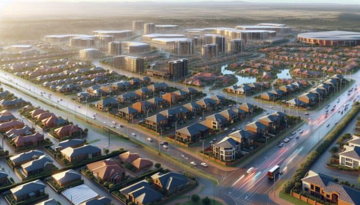 Aerial view of Centurion neighbourhoods, showing homes near Centurion Mall and transport routes, illustrating property value factors.