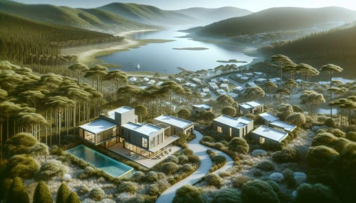 Best Entry Level Estates with Security in Knysna: Modern estate by Knysna Lagoon, surrounded by lush forests, appealing to entry-level buyers.