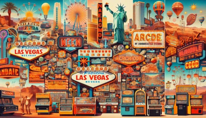 Discovering Hidden Gems in Las Vegas: A collage showcasing Las Vegas's hidden gems: Neon Museum's glowing signs and vintage pinball machines at the Pinball Hall of Fame.