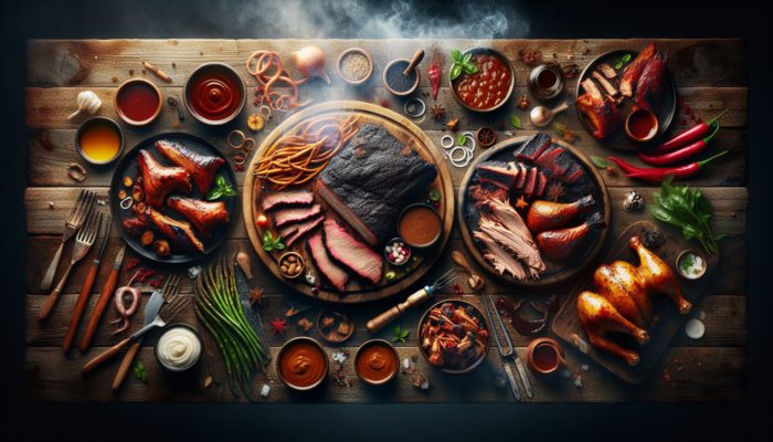 BBQ feast featuring Texas brisket, Carolina pulled pork, and chicken, showcasing the diverse flavours of regional American cuisine.