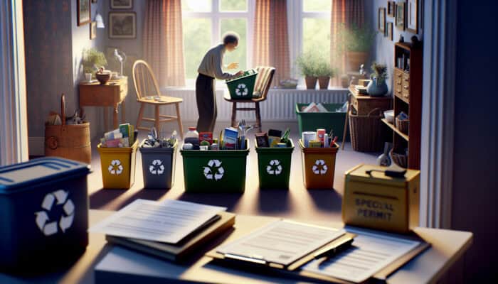 A person sorting household items into labelled bins for recycling and disposal, with legal documents on a table, in a UK home.
