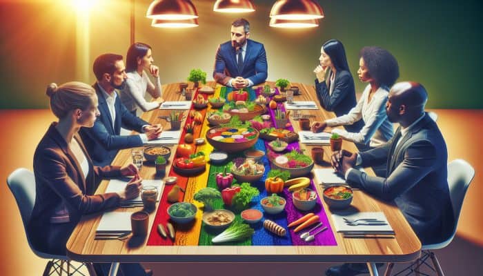 A diverse spread of vegetarian dishes on a table, with experts engaged in a discussion about meal planning in a contemporary setting.