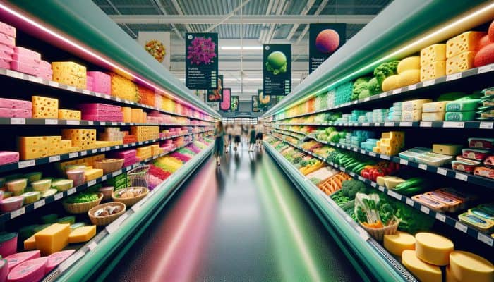 A colourful display of plant-based meat alternatives and dairy-free cheeses in a UK supermarket aisle, reflecting vegetarian and vegan trends.