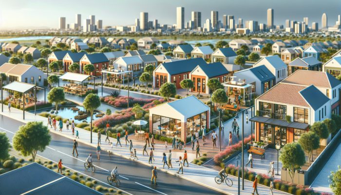 A vibrant Randburg neighborhood with modern mixed-use developments, eco-friendly homes, and secure estates, showcasing a sustainable suburban lifestyle.