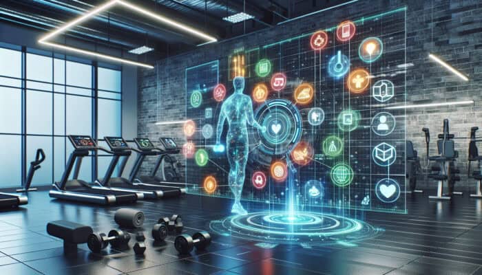 Fitness Human Virtual Assistants for Client Scheduling: A futuristic digital interface in a modern gym, showing a virtual assistant managing a fitness trainer's schedule and enhancing client communication.