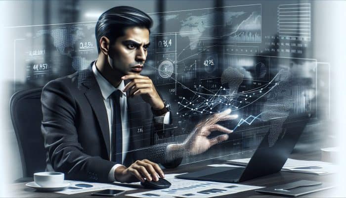 UK business executive analysing financial data for debt management and consolidation strategies in a modern office.