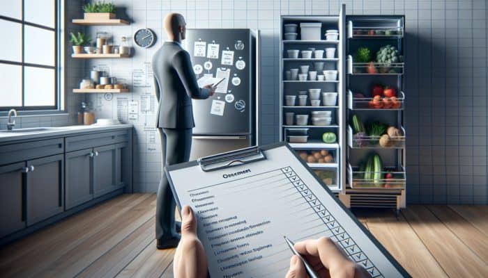 Person reviewing freezer inventory list on clipboard, with labelled food containers in open freezer, focusing on monthly meal planning and stock rotation.
