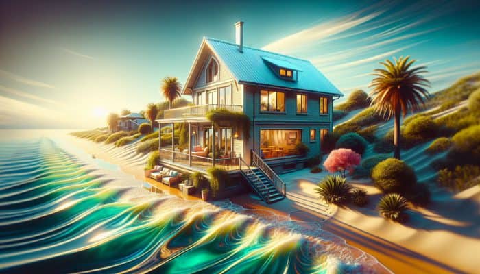 A modest, sunlit coastal home with a small garden, overlooking a serene beach, symbolising new beginnings.