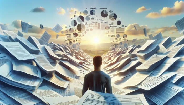 A serene person amidst organised financial documents, symbolising clarity and confidence from debt consolidation, with a hopeful future backdrop.