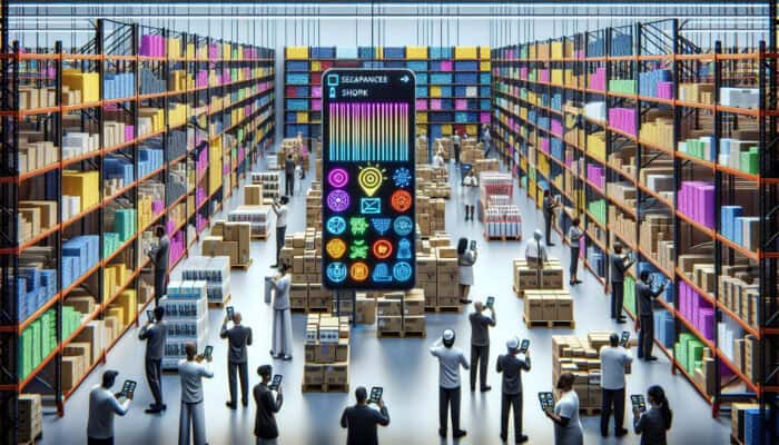 A well-organized retail warehouse featuring colourful barcode labels, staff efficiently scanning items in the clearance section.