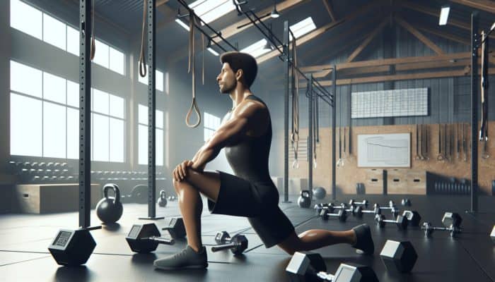 CrossFit athlete doing light mobility session on rest day, surrounded by gym equipment, focused and relaxed.