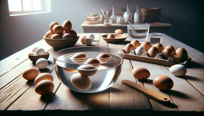 A bowl of water on a rustic table with fresh eggs sinking flat and older eggs floating or standing upright.