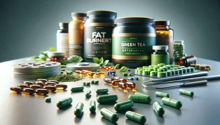 A variety of weight management supplements displayed on a contemporary table, with green tea extract capsules prominently featured.