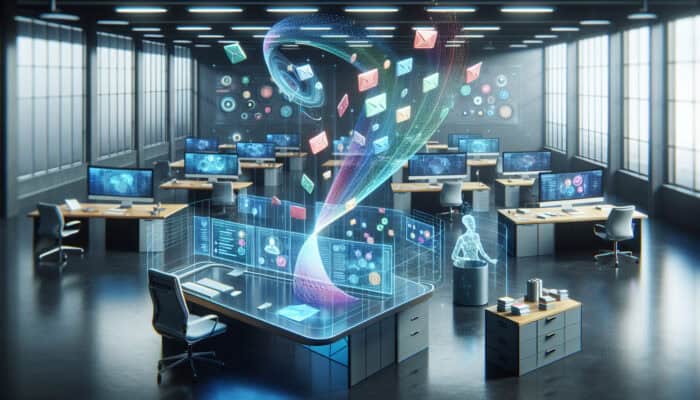 A virtual assistant sorting emails into colour-coded folders and labels in a modern office.